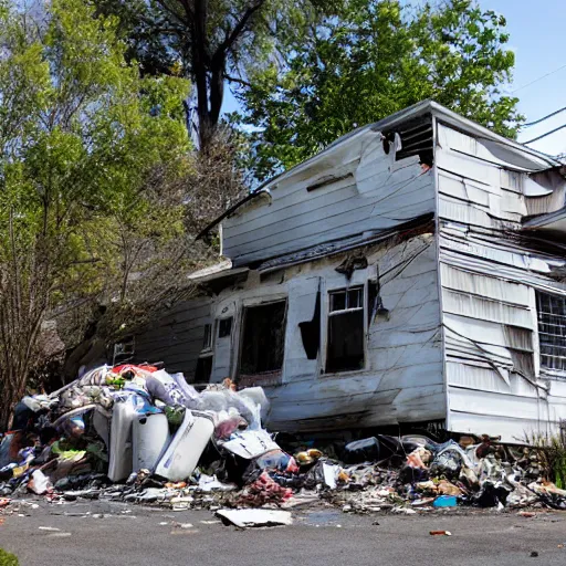 Image similar to a run down house with stacks of trash 1 0 feet high in front of the house. run down house is in a suburban neighborhood in america.