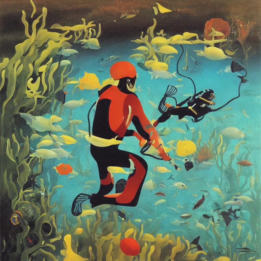 Image similar to “painting of a scuba diver swimming in a fish bowl . the bowl is standing in the desert, style of henri rousseau”