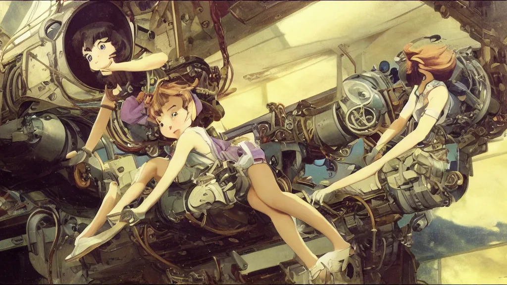 Image similar to a film still of a 1 9 5 0's mechanic anime girl sitting on top of flying ufo landing in hangar of giant ufo spaceship, sharp face focus, finely detailed features, full body mid shot, perfect art, trending on pixiv fanbox, painted by gaston bussiere, makoto shinkai, akihiko yoshida, gaston bussiere, craig mullins