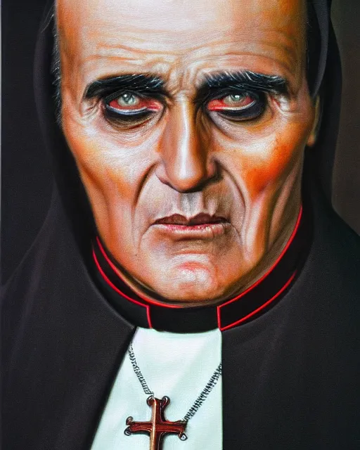 Image similar to photorealist painting of demonic catholic cardinal aloysius stepinac, gothic, horror, vivid dark colors, high production value, intricate details, high resolution, hyperrealistic, hdr, high definition, masterpiece, ultra realistic, highly detailed, hd, sharp focus, non blurry, sharp, smooth