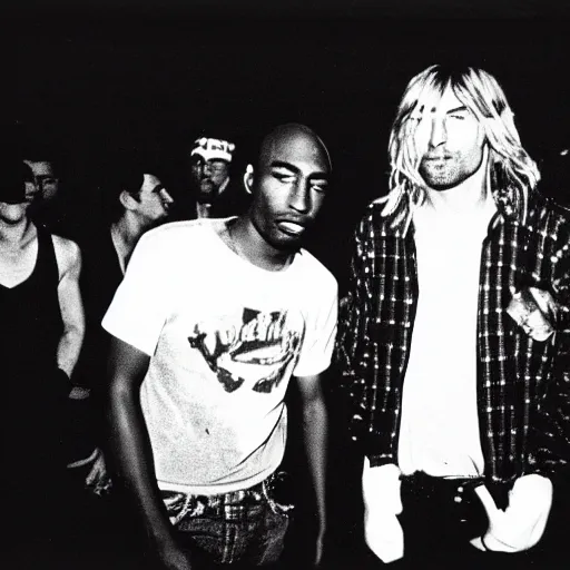 Image similar to Polaroid photograph of Kurt Cobain and Tupac Shakur in a club, blurry, XF IQ4, 150MP, 50mm, F1.4, ISO 200, 1/160s, natural light, Adobe Lightroom, photolab, Affinity Photo, PhotoDirector 365,