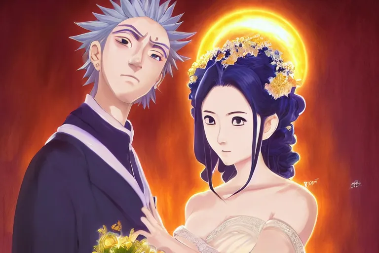 Image similar to a cinematic portrait of wedding photograph jpeg close up moment of a divine a japan sun god and moon goddess lovers magician at a wedding banquet. portraiture. digital painting. artstation. concept art. wedding photo. digital painting. naruto the movie art masterpiece by art by krenz cushart