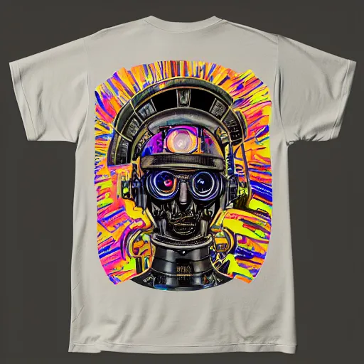 Image similar to mockup of a black tshirt with a hyperdetailed portrait of a steampunk robot on lsd, 8 k, symetrical, flourescent colors, happy trippy mood, multicolored,