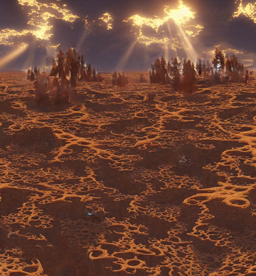 Image similar to environment of multiple detailed complex fractal architecture structures in a vast utah desert landscape that meets the ocean, by glenn small, by albert bierstadt photorealism, hyper realism, octane render, unreal engine, volumetric light, depth of field, volumetric clouds, god rays, lens flares, detailed, intricate, twin motion, megascan, high resolution, realistic render