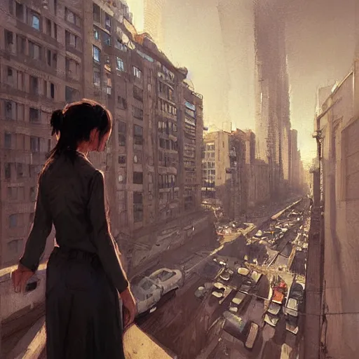 Image similar to woman, city, looking down, street top view, by wlop, artgerm, greg rutkowski