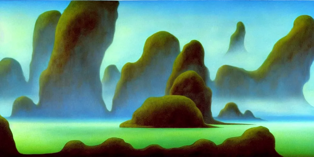 Prompt: islands floating in the air in the style of roger dean, atmospheric, mist, intricate detail,