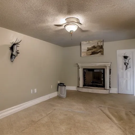 Image similar to a real estate home interior photo. there is a horrifying creature trying poorly to blend into the background.