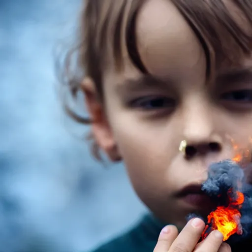 Image similar to child blowing rings of smoke out of their mouth