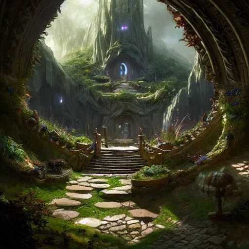 Image similar to worm's eye view of a elven headquarters carved inside a mountain above a arranged garden, neat and tidy, magical, natural light, fantasy, sharp focus, concept art, by greg rutkowski and craig mullins, cozy atmospheric