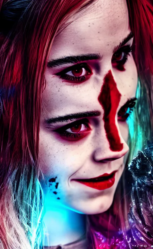 Image similar to Emma Watson as Harley Quinn, glowing, dramatic, cinematic, Sony a7R IV, symmetric balance, polarizing filter, Photolab, Lightroom, 4K, Dolby Vision, Photography Award