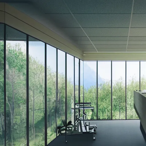 Prompt: a near - future health and wellness clinic with an inspiring view of nature