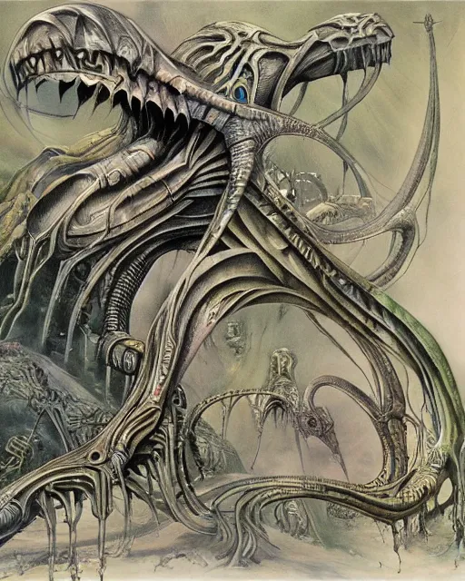 Image similar to artwork by hr giger, by roger dean, by yoshitaka amano