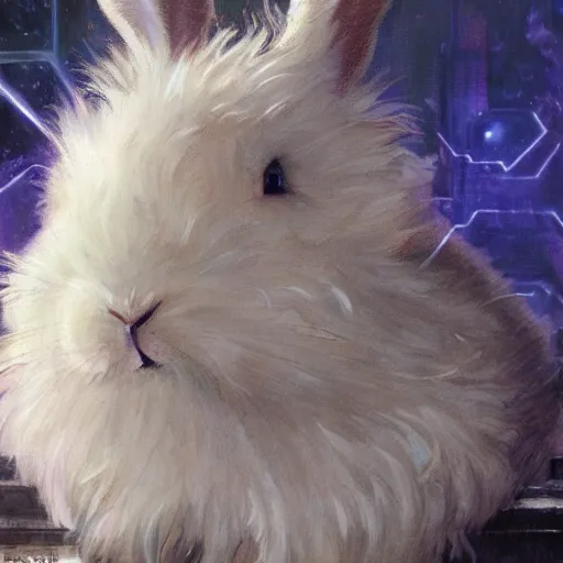 Image similar to the white dwarf lionhead bunny rabbit as a cyberpunk knight, closeup portrait art by norman rockwell and donato giancola and greg rutkowski