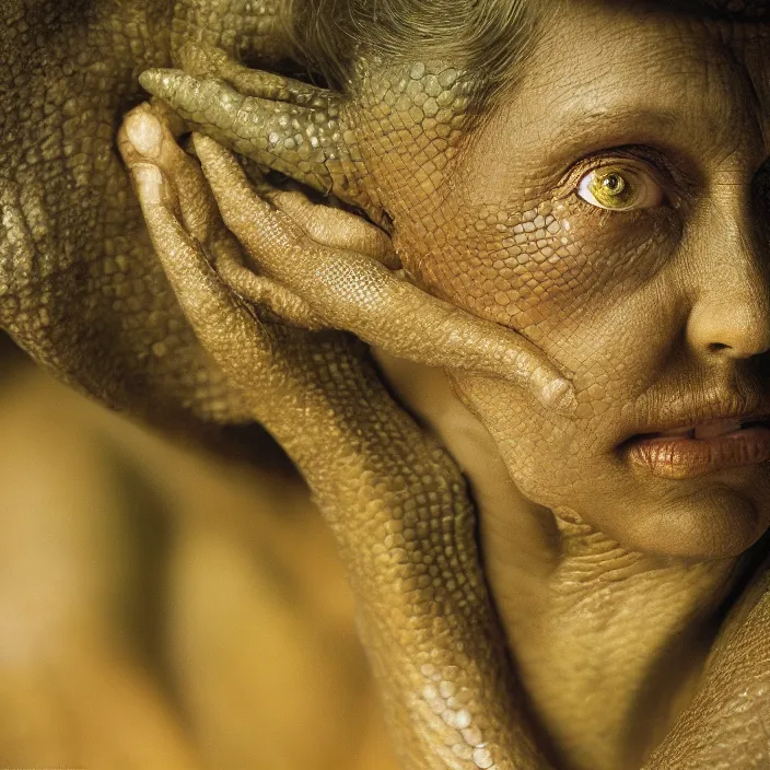Prompt: closeup portrait of beautiful reptilian woman by Annie Leibovitz and Steve McCurry, natural light, detailed face, CANON Eos C300, ƒ1.8, 35mm, 8K, medium-format print