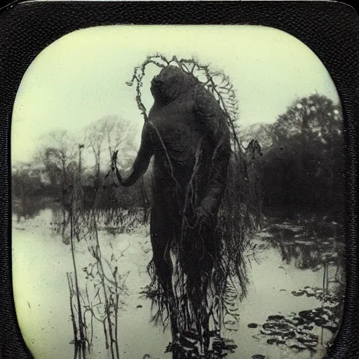 Image similar to creepy lovecraftian monster in swamp, 1910 Polaroid photo