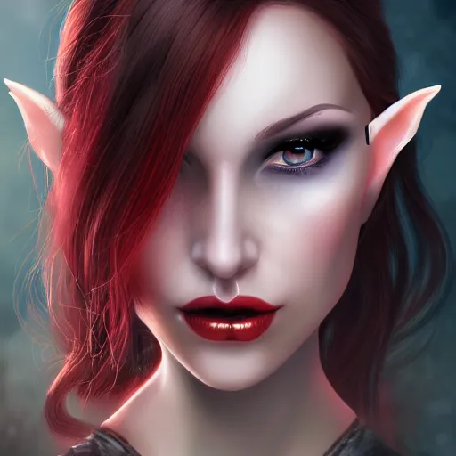 Prompt: Digital portrait of a beautiful half-elf half-vampire young woman. Her hair have black and white strands. Red irises, vertical pupils. Award-winning digital art, trending on ArtStation