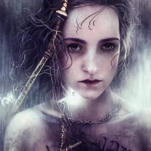 Image similar to Hermione in tattoos conjuring with a magic wand, by luis royo art, dressed beautiful gown, beautiful eyes, Beautiful face, by Aggi Erguna, high detail, high resolution, art from harry potter, by David Lazar and Annie Leibovitz 500px photos, top cinematic lighting , cinematic mood, very detailed