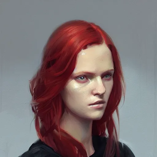 Image similar to Portrait of a woman by Greg Rutkowski, she is about 20 years old, redhead, long straight hair, beautiful oval face, wearing red and black utilitarian jumpsuit, older sister vibes, highly detailed portrait, digital painting, artstation, concept art, smooth, sharp foccus ilustration, Artstation HQ.