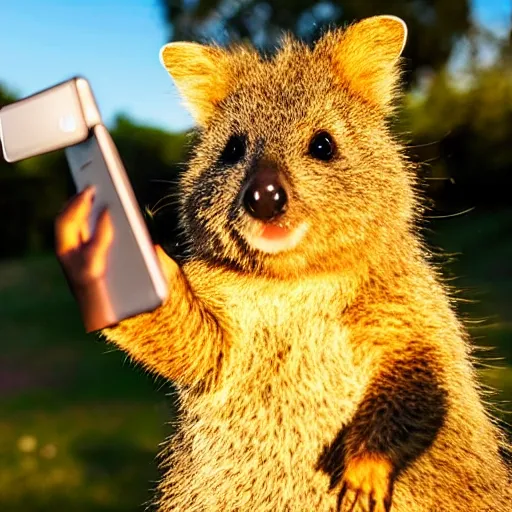 Image similar to happy quokka taking a selfie and smoking a big cannabis joint, golden hour, ultra realistic