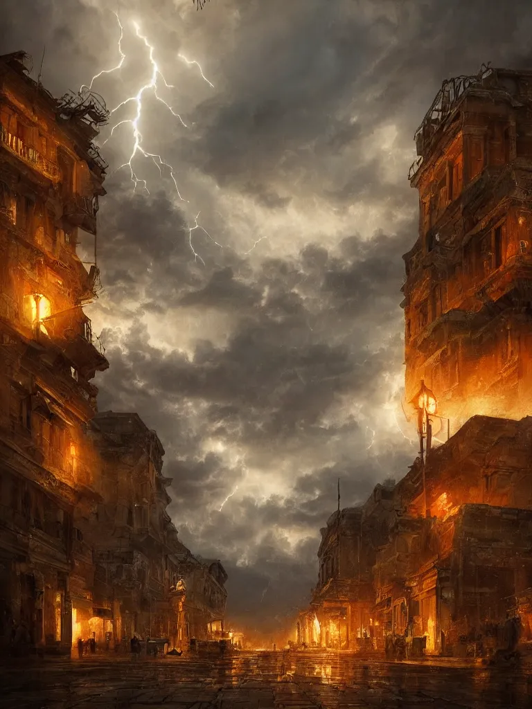 Image similar to epic scenery ancient city of troy under a sky full of lightning, intricate, elegant, volumetric lighting, digital painting, highly detailed, artstation, sharp focus, illustration, concept art, ruan jia, steve mccurry