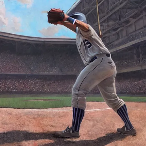 Image similar to baseball player hitting the ball with the baseball bat in the middle of the game and in front of everyone in the stadium, james gurney painting style, greg rutkowski, artstation, octane render, unreal engine 5