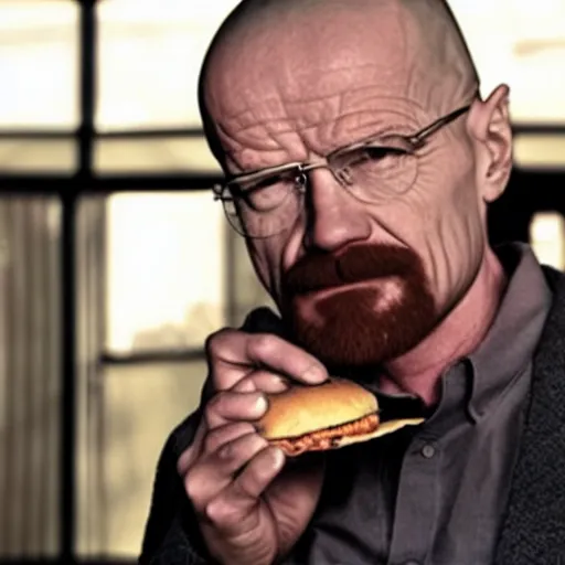 Prompt: Walter White eating burger photo