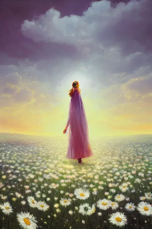 Image similar to giant white daisy flower head, girl with veil walking in a flower field, surreal photography, sunrise, dramatic light, impressionist painting, colorful clouds, digital painting, artstation, simon stalenhag