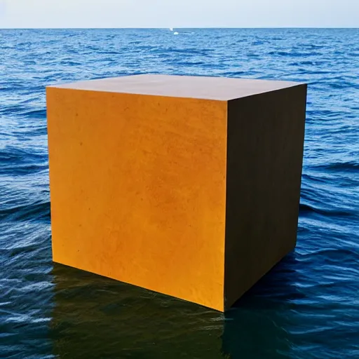 Prompt: a cube in the middle of the sea, in the style of richard serra