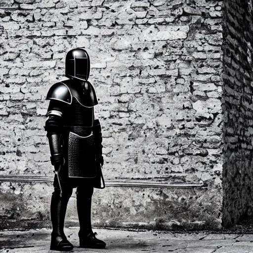 Prompt: Aging knight in black plate armor stands alone in empty alley, character portrait, moody, highly detailed