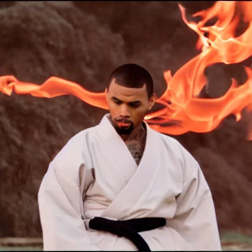 Image similar to cinematic film still of Chris Brown starring as a Japanese Sensei with fire, Japanese CGI, VFX, 2003, 40mm lens, shallow depth of field, film photography