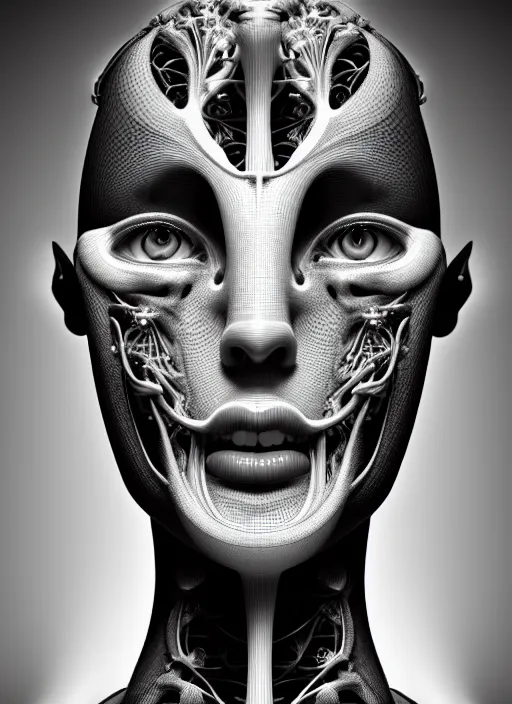 Image similar to a black and white 3D render of a beautiful portrait of a young female angelic-dragon-cyborg face with a very long neck, 150 mm, orchids, Mandelbrot fractal, anatomical, flesh, facial muscles, veins, arteries, full frame, microscopic, elegant, highly detailed, flesh ornate, elegant, high fashion, rim light, ray trace, octane render in the style of H.R. Giger and Man Ray, Realistic, Refined, Digital Art, Highly Detailed, Cinematic Lighting, rim light, black and white, photo-realistic Unreal Engine, 8K