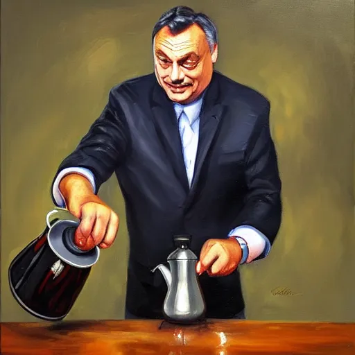 Image similar to viktor orban making drip coffee, oil painting