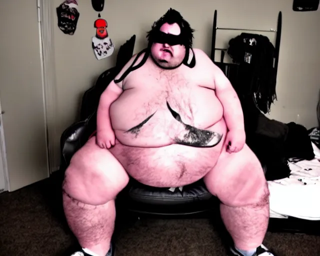 Image similar to dirty room, depression scene, very fat man in a gamer chair. goth chick gf