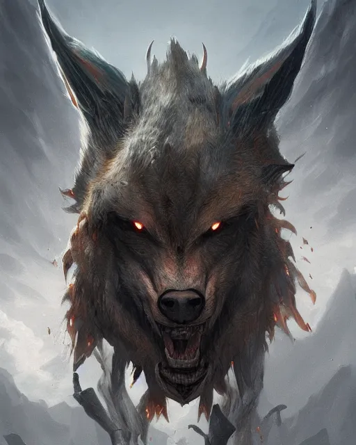 Image similar to A minotaur as a wolf, terrifying face, fantasy art, monster art, in the style of greg rutkowski, illustration, epic, fantasy, intricate, hyper detailed, artstation, concept art, smooth, sharp focus, ray tracing