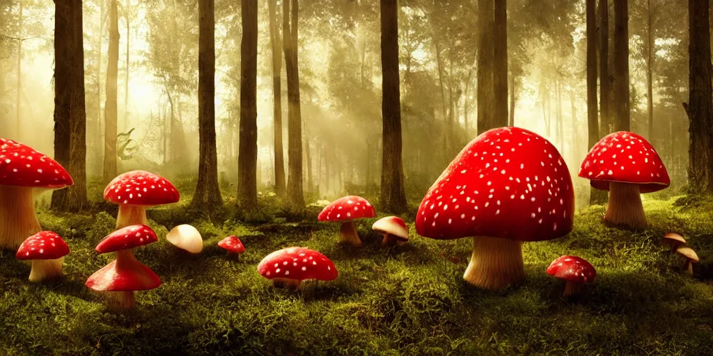 Prompt: Photo by Filip Hodas of the cinematic view of the Forest of the Giants, various giant mushrooms, some little mushrooms on the floor, A very big red mushroom with white spots, photorealism, a few sun ray of lights falling with dust, photo taken with canon 5D