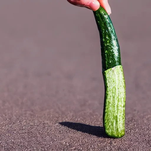 Prompt: a figure made of cucumber holdingbb a golf club, desert background