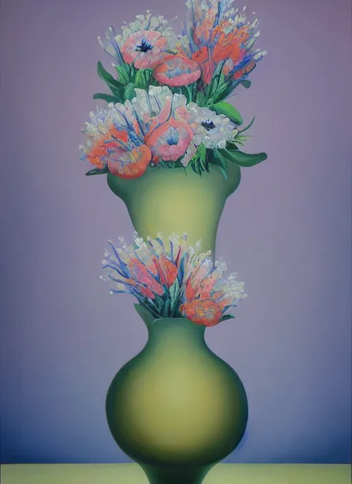 Image similar to a painting of a vase with flowers in it, a surrealist painting by Bridget Bate Tichenor, featured on deviantart, metaphysical painting, oil on canvas, acrylic art, airbrush art