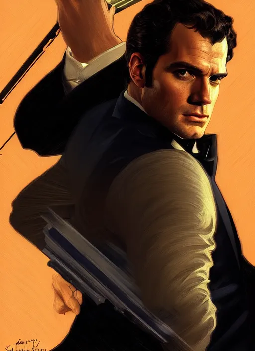 Prompt: portrait of henry cavill as james bond, casino, key art, running, highly detailed, digital painting, artstation, concept art, cinematic lighting, sharp focus, illustration, by gaston bussiere alphonse mucha