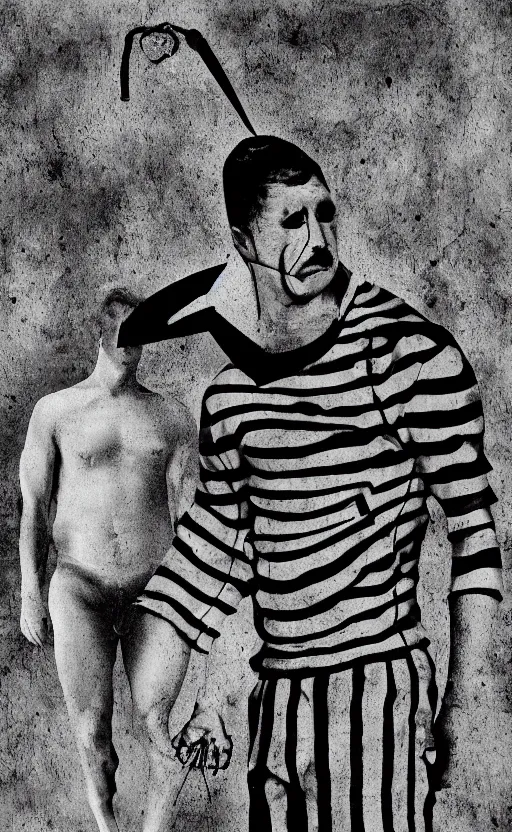 Image similar to a rotoscoped illustration on a photograph of a football referee in the style of man ray, black metal album cover, optical illusion macro photography 8k