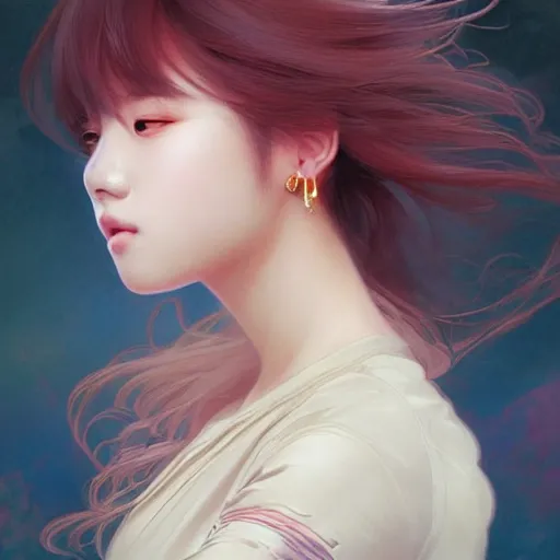 Image similar to portrait of kpop idol, dreamy and ethereal, casual clothes, fierce expression, intricate, rose tones, highly detailed, digital painting, artstation, concept art, smooth, sharp focus, illustration, art by artgerm and greg rutkowski and alphonse mucha