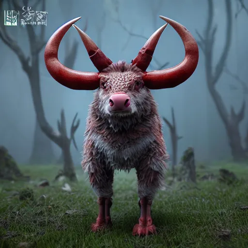 Image similar to ultrarealistic creature fluffy animal with horns and short legs and arms and red eyes, forest scene, octane render, highly detailed, cinematic lightning