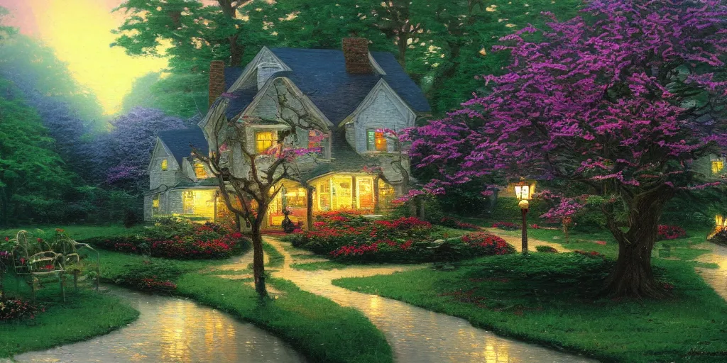 Prompt: a beautiful tree hybrid with a house, matt painting, oil painting, thomas kinkade