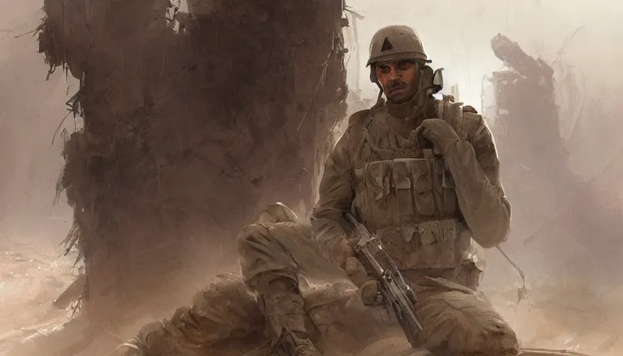 Prompt: beautiful digital painting of a lone survivor, one soldier after his squad killed in action in a trench waiting for the war to end. cinematic lighting and rendering, atmospheric, concept art, high detailed faces, artstation, underpainting by artgerm and greg rutkowski, overpainted by eddie mendoza