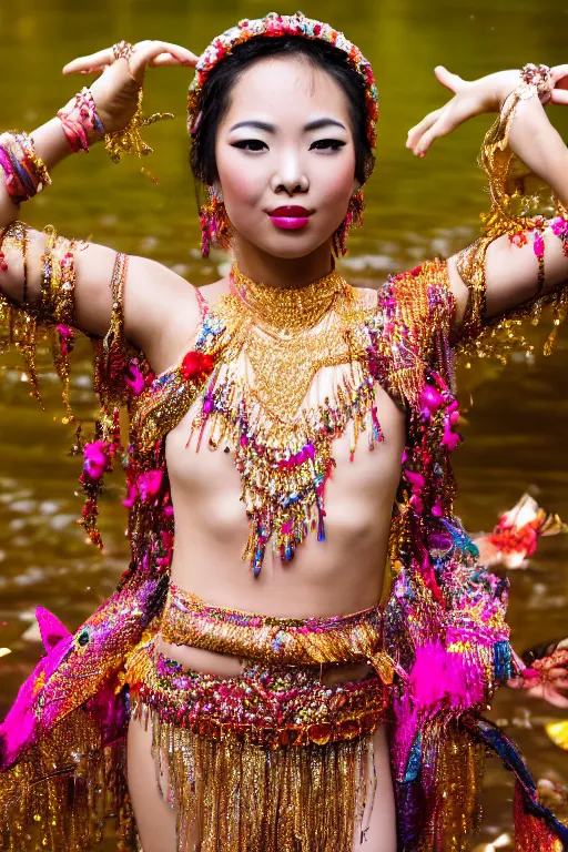 Prompt: photo of a beautiful asian woman fully dressed in clothes made out of jewels while dancing in the middle of a river, low light, , golden hour, highly detailed, 8k