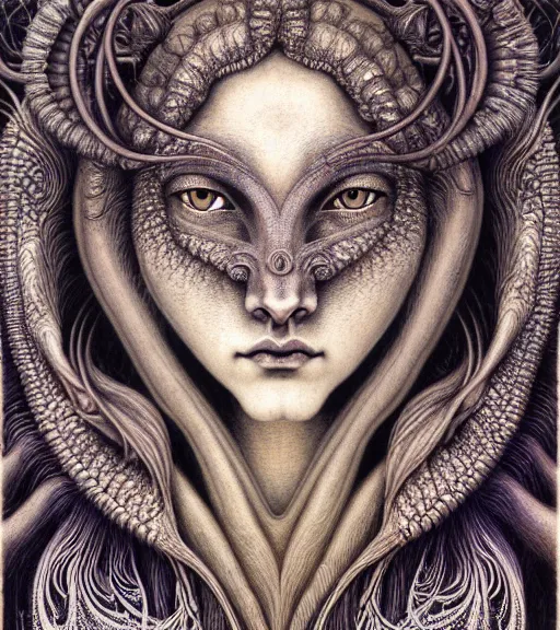 Prompt: detailed realistic beautiful coyote goddess face portrait by jean delville, gustave dore, iris van herpen and marco mazzoni, art forms of nature by ernst haeckel, art nouveau, symbolist, visionary, gothic, neo - gothic, pre - raphaelite, fractal lace, intricate alien botanicals, ai biodiversity, surreality, hyperdetailed ultrasharp octane render