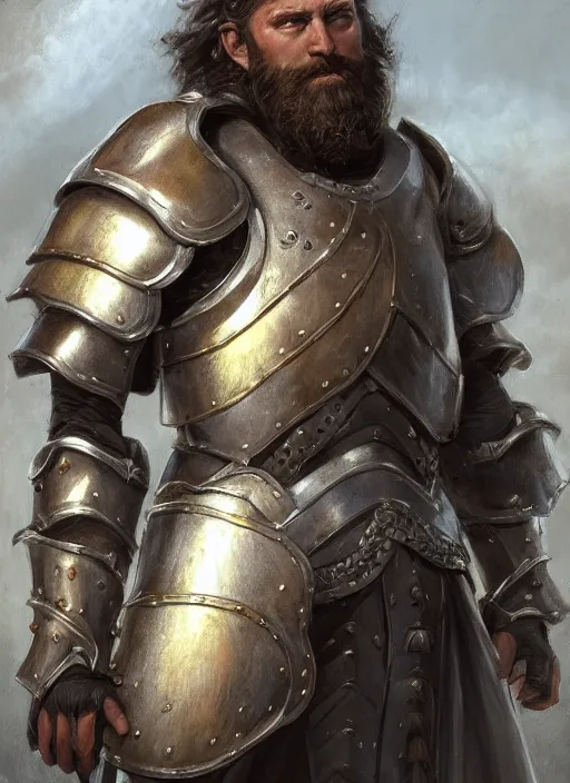 Prompt: Human Paladin, combed back Brown hair, short beard, grumpy, plate armor, Ivan Aivakovsky, Boris Vallejo, epic fantasy character art, D&D Concept Art, full length, Realistic, Regal, Refined, Detailed Digital Art, Oil Paining, Exquisite detail, post-processing, masterpiece, Cinematic Lighting, Unreal Engine, 8k, HD