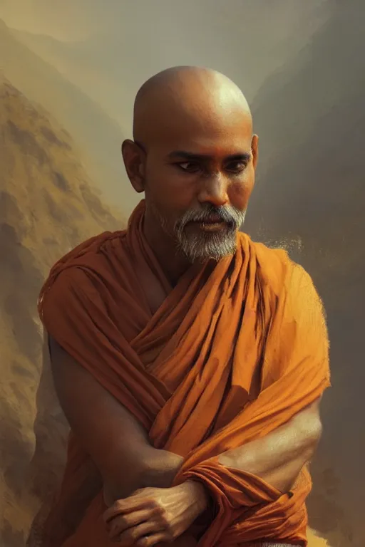 Image similar to hindu monk, close - up portrait, devoted, intricate, elegant, volumetric lighting, scenery, digital painting, highly detailed, artstation, sharp focus, illustration, concept art, ruan jia, steve mccurry