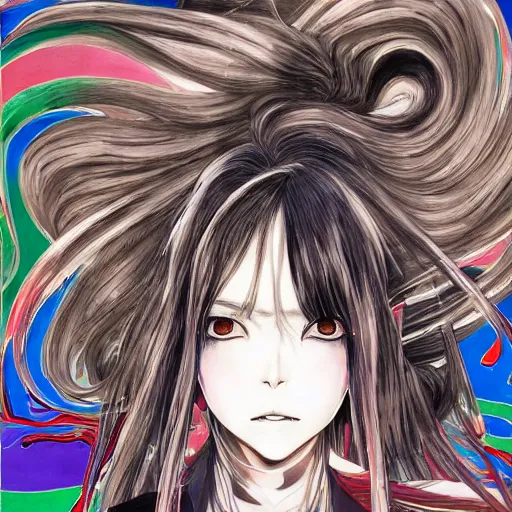 Image similar to yoshitaka amano realistic illustration of an anime girl with black eyes and long wavy white hair wearing dress suit with tie and surrounded by abstract junji ito style patterns in the background, blurry and dreamy illustration, noisy film grain effect, highly detailed, oil painting with expressive brush strokes, weird portrait angle, 9 0 s anime color palette