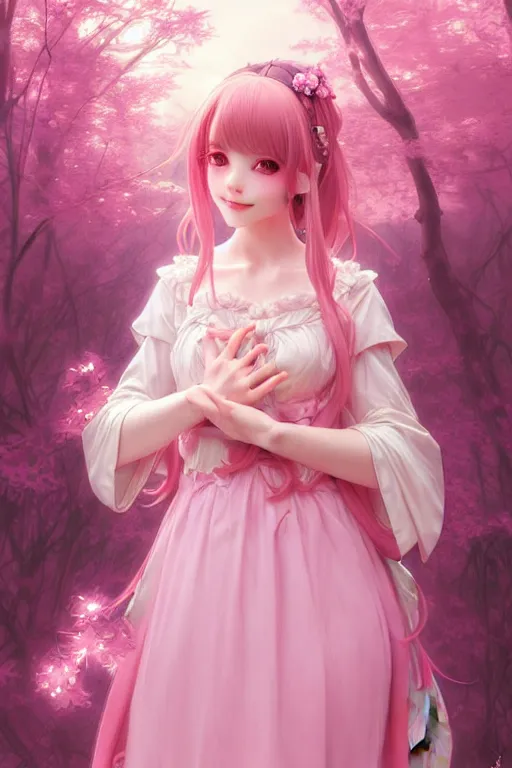 Image similar to portrait of beautiful magical anime lolita girl, dreamy and ethereal, pink eyes, happy expression, fantasy, intricate, elegant, in pink forest, highly detailed, digital painting, artstation, concept art, smooth, sharp focus, illustration, art by artgerm and greg rutkowski and alphonse mucha