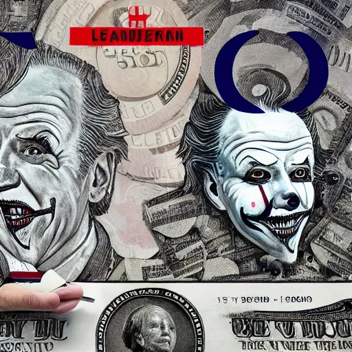 Prompt: joe biden as pennywise printing dollars, photo portrait, hyper realism, symmetry, awesome exposition, cnn news broadcast screen capture, very detailed, highly accurate, professional lighting diffracted lightrays, 8 k, sense of awe